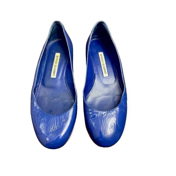 Manolo Blahnik Blue  Patent Leather Round Toe Flats Size 38 - Picture 1 of 8